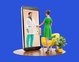 A man in scrubs gives a woman a bag of medicine through smartphone