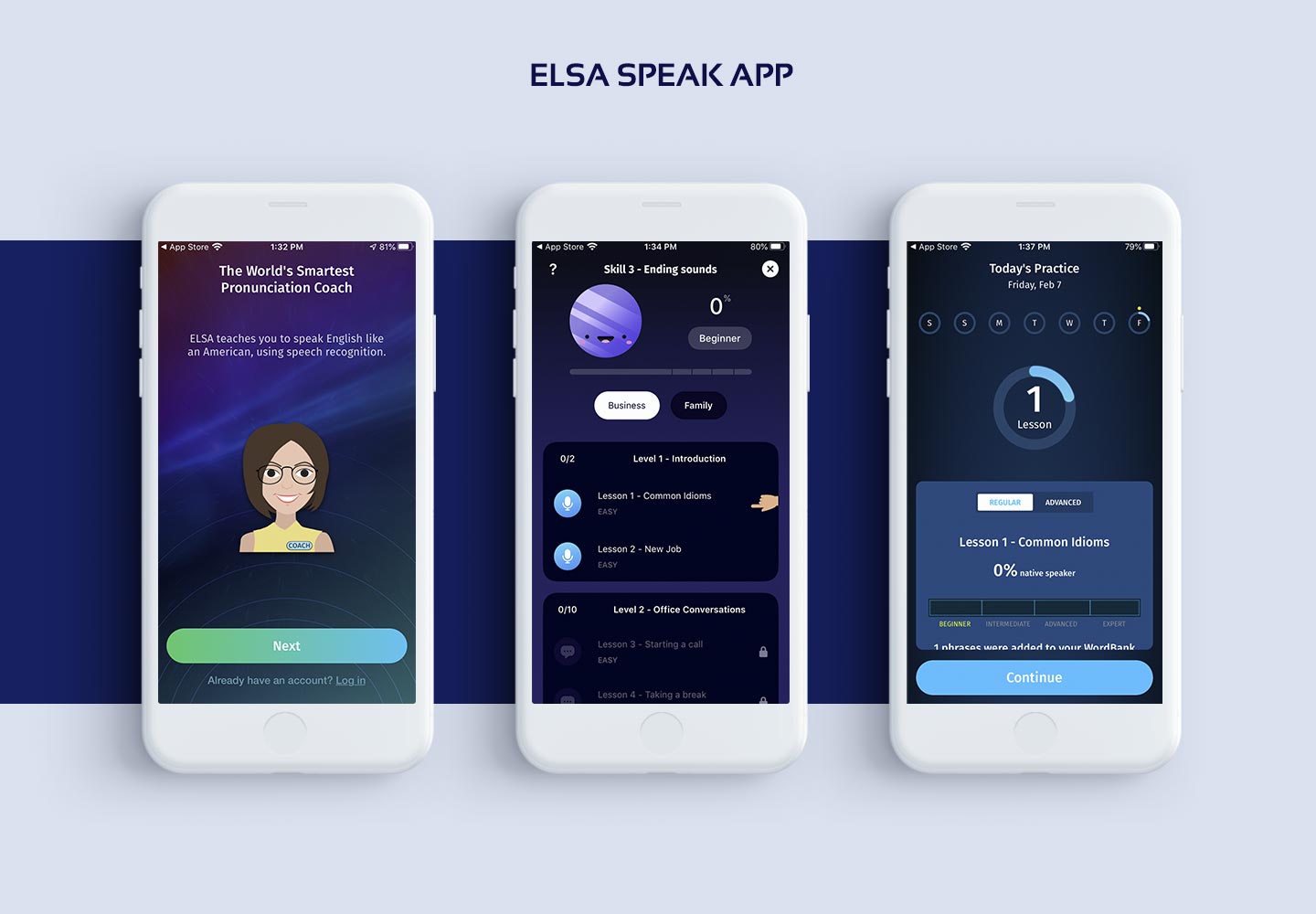 Screenshots of AI-Based ELSA speak app