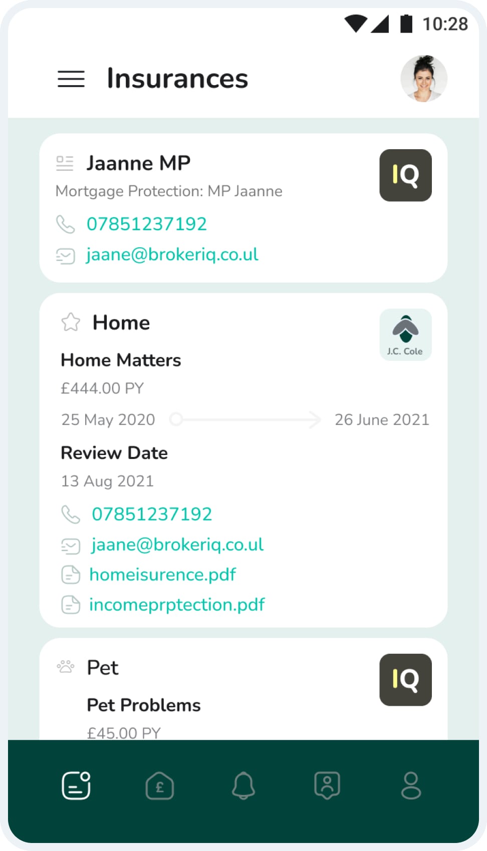 A mobile screenshot with insurances list